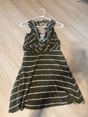 Three Hearts Olive Green and White One-Shoulder Striped Dress